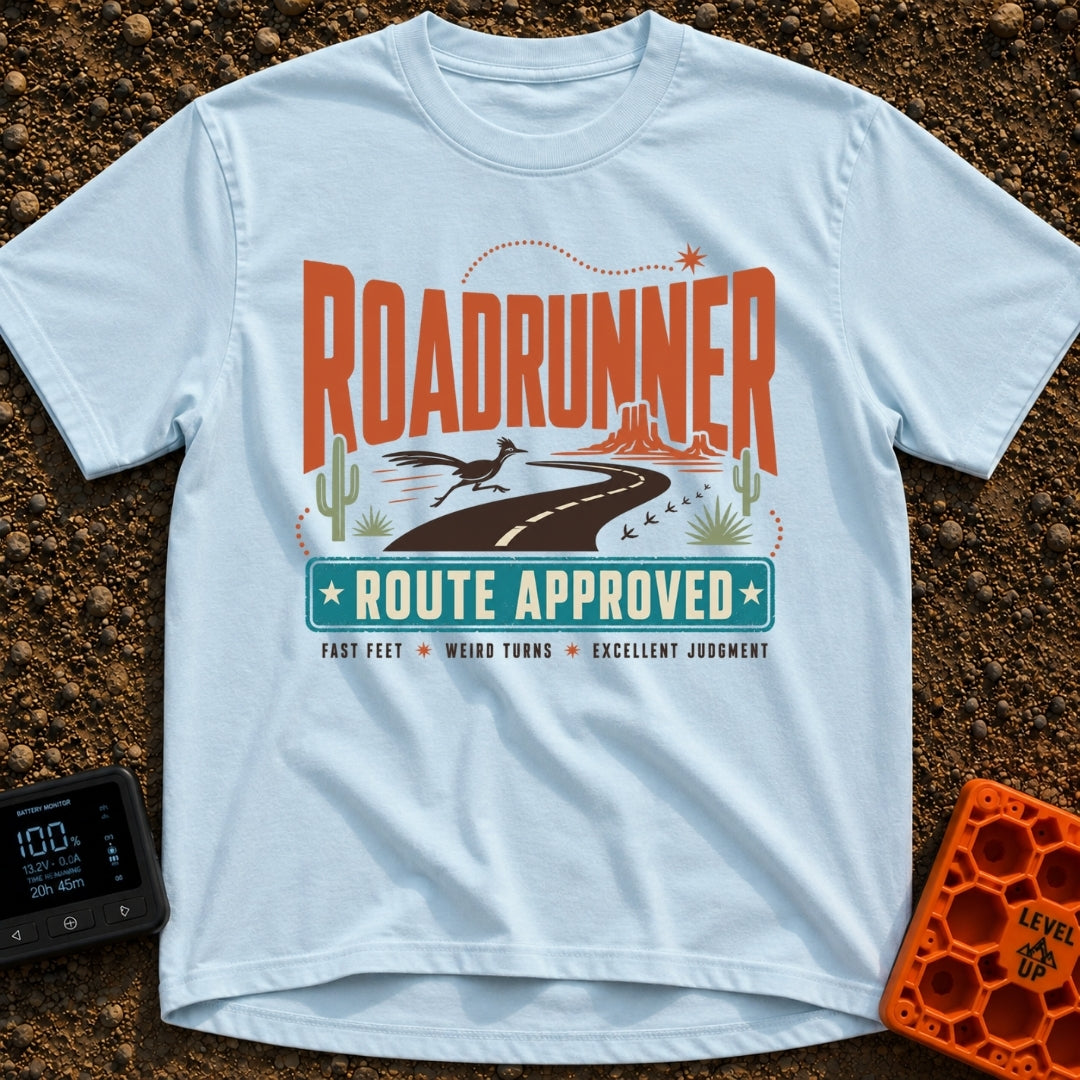 Roadrunner Route Approved - T-Shirt in Chambray - A retro illustration of a roadrunner sprinting across a winding black...