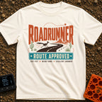 Roadrunner Route Approved - T-Shirt in Ivory - A retro illustration of a roadrunner sprinting across a winding black...