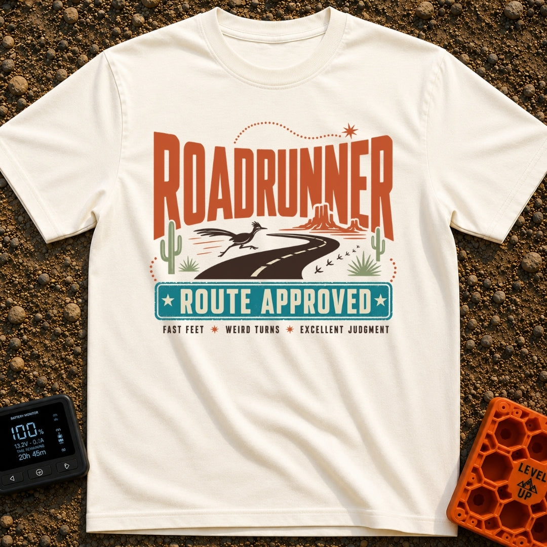 Roadrunner Route Approved - T-Shirt in Ivory - A retro illustration of a roadrunner sprinting across a winding black...