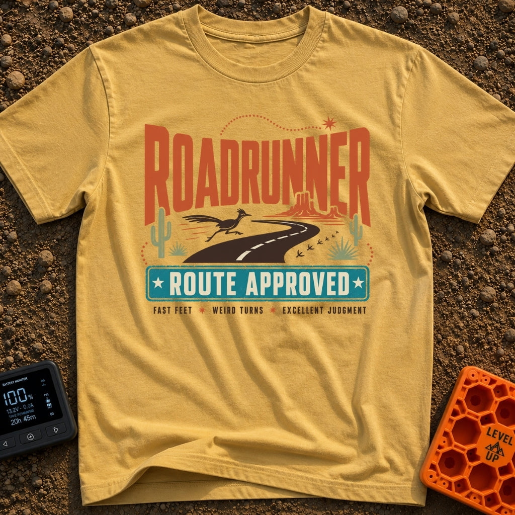 Roadrunner Route Approved - T-Shirt in Mustard - A retro illustration of a roadrunner sprinting across a winding black...