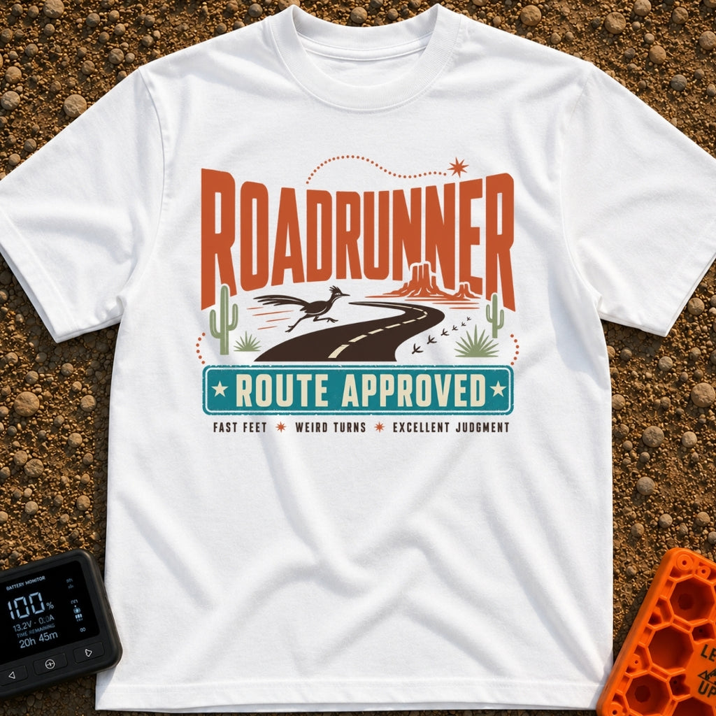 Roadrunner Route Approved - T-Shirt in White - A retro illustration of a roadrunner sprinting across a winding black...