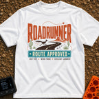 Roadrunner Route Approved - T-Shirt in White - A retro illustration of a roadrunner sprinting across a winding black...