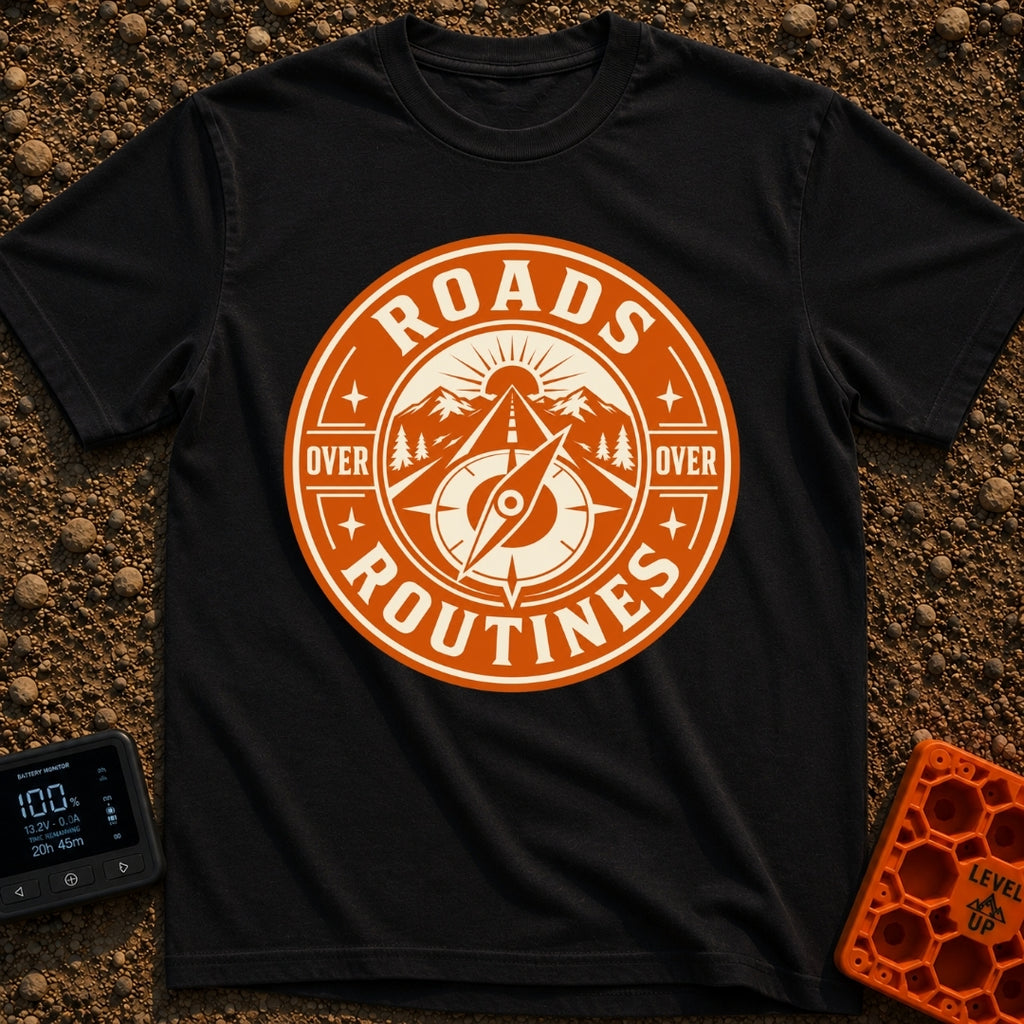 Roads Over Routines - T-Shirt in Black - A circular, orange and cream badge design featuring a straight highway leading...