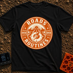 Roads Over Routines - T-Shirt in Black - A circular, orange and cream badge design featuring a straight highway leading...