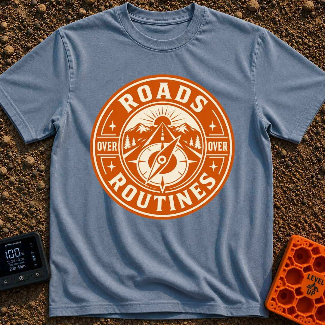 Roads Over Routines - T-Shirt in Blue Jean - A circular, orange and cream badge design featuring a straight highway...
