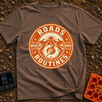 Roads Over Routines - T-Shirt in Espresso - A circular, orange and cream badge design featuring a straight highway...