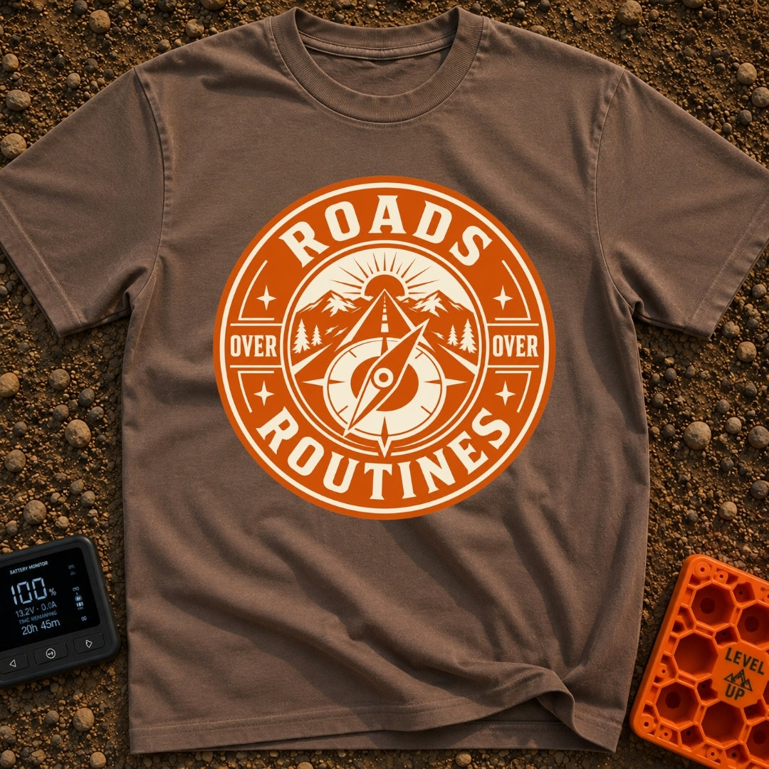 Roads Over Routines - T-Shirt in Espresso - A circular, orange and cream badge design featuring a straight highway...