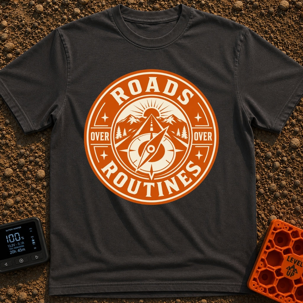 Roads Over Routines - T-Shirt in Graphite - A circular, orange and cream badge design featuring a straight highway...