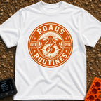Roads Over Routines - T-Shirt in White - A circular, orange and cream badge design featuring a straight highway leading...