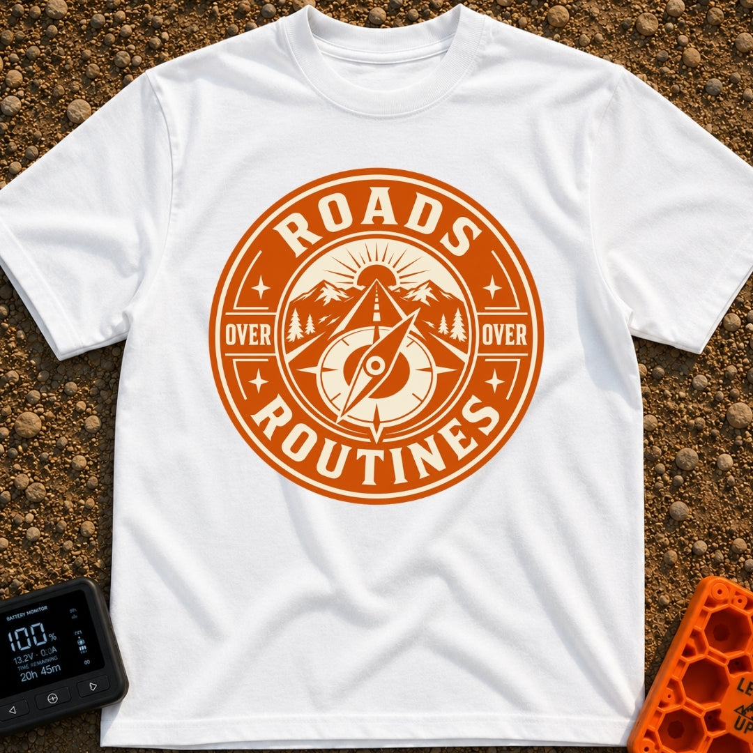 Roads Over Routines - T-Shirt in White - A circular, orange and cream badge design featuring a straight highway leading...