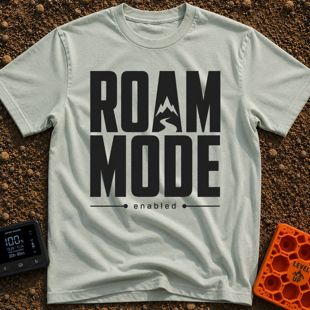 Stuck In Roam Mode - T-Shirt in Bay - Large, bold black text spelling out "ROAM MODE" stacked on two lines, with the...