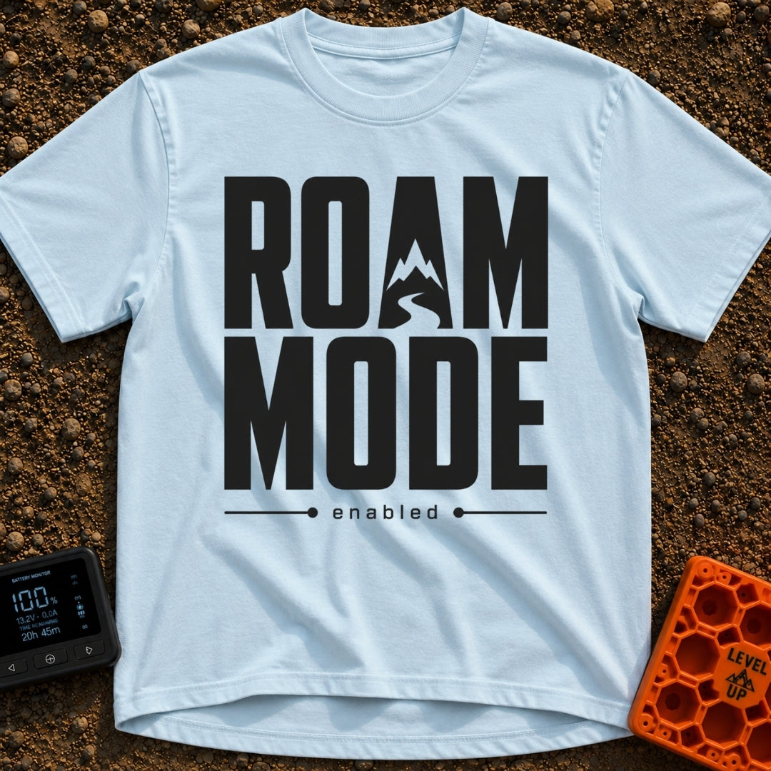 Stuck In Roam Mode - T-Shirt in Chambray - Large, bold black text spelling out "ROAM MODE" stacked on two lines, with the...