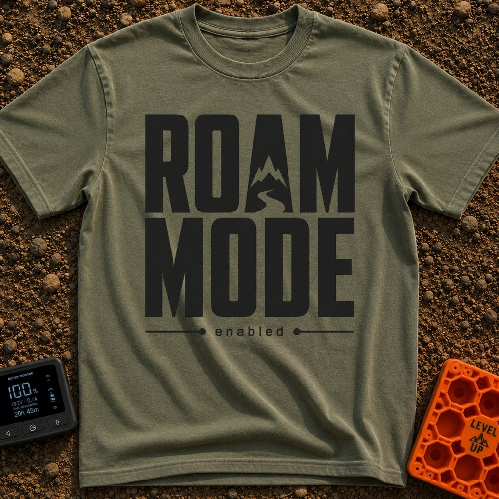 Stuck In Roam Mode - T-Shirt in Moss - Large, bold black text spelling out "ROAM MODE" stacked on two lines, with the...