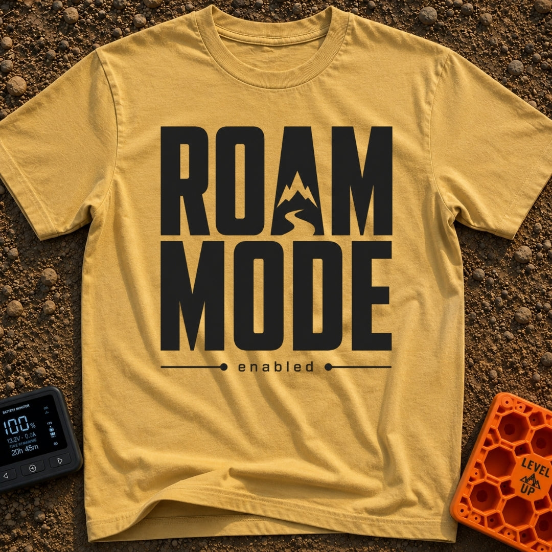 Stuck In Roam Mode - T-Shirt in Mustard - Large, bold black text spelling out "ROAM MODE" stacked on two lines, with the...