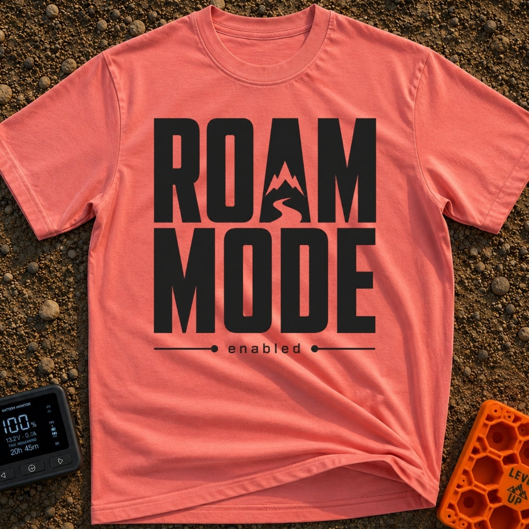 Stuck In Roam Mode - T-Shirt in Watermelon - Large, bold black text spelling out "ROAM MODE" stacked on two lines, with...