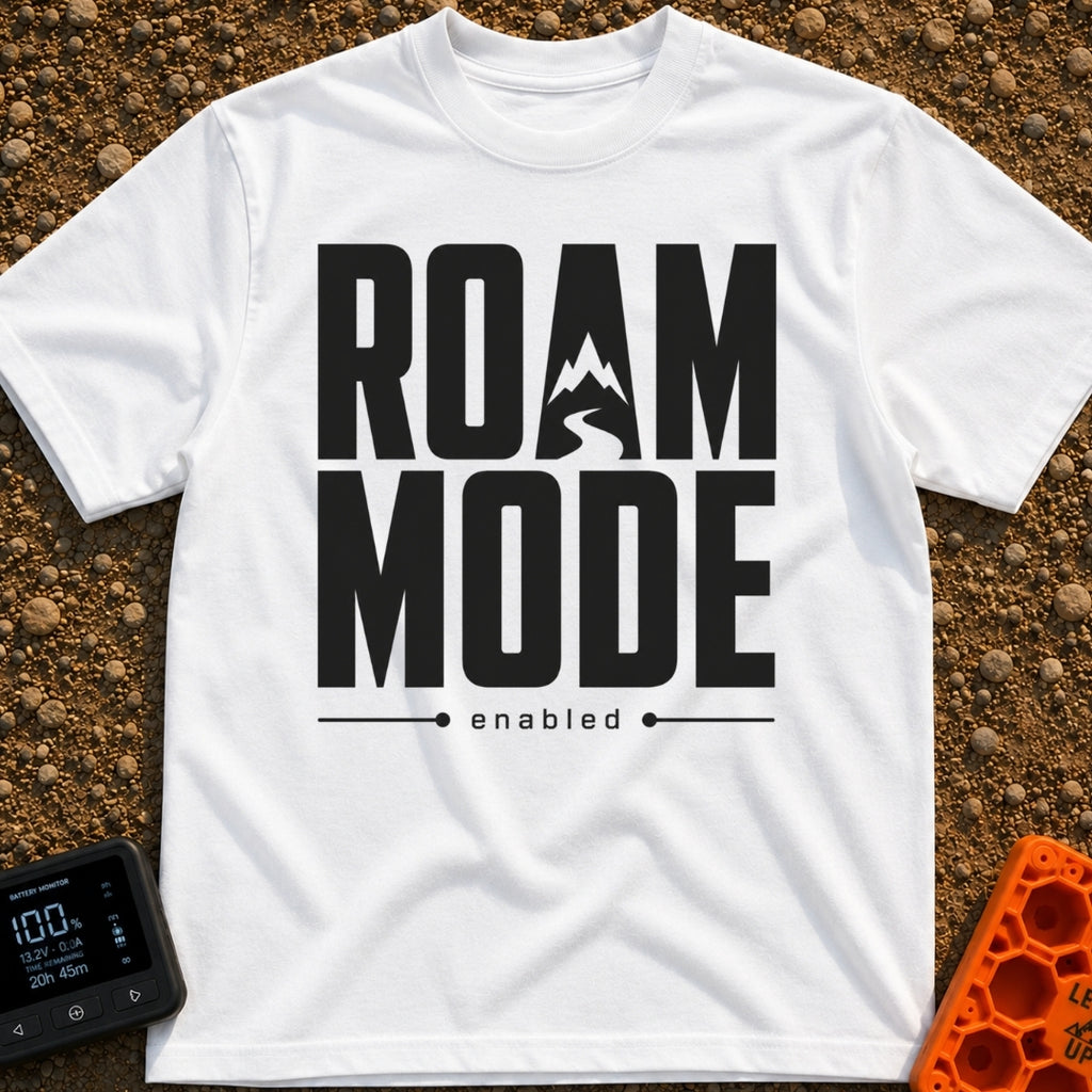 Stuck In Roam Mode - T-Shirt in White - Large, bold black text spelling out "ROAM MODE" stacked on two lines, with the...