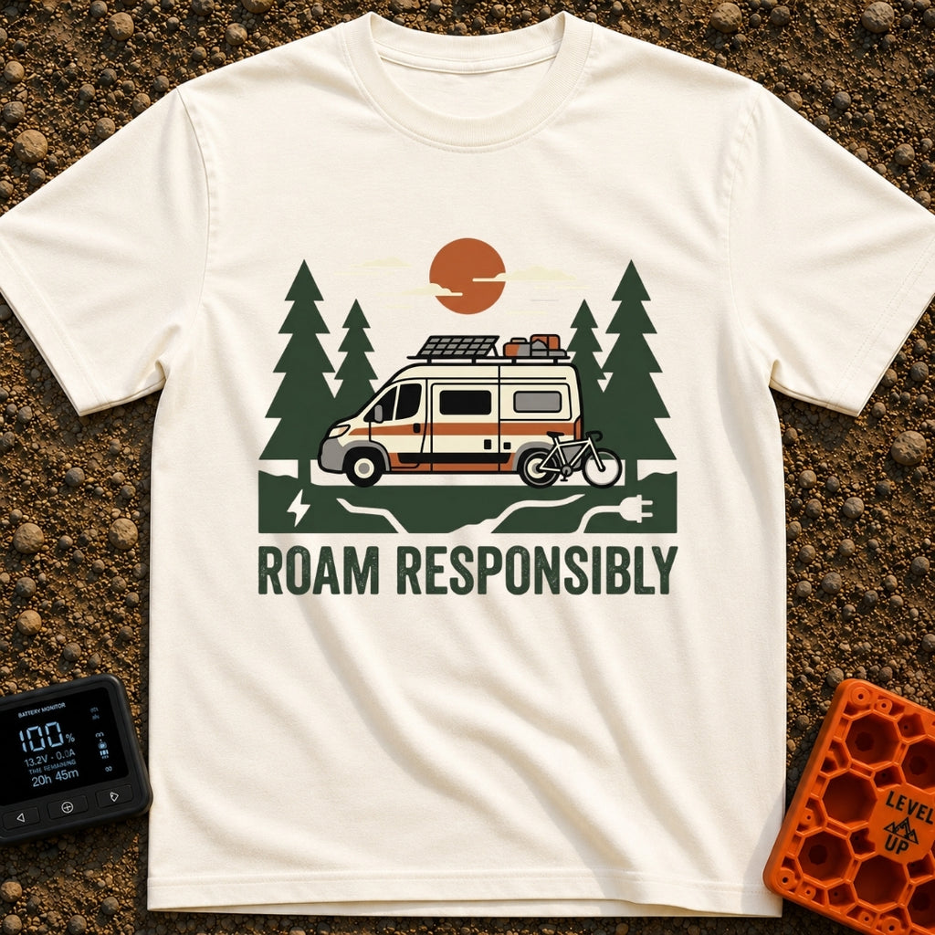 Roam and Recharge - T-Shirt in Ivory - An illustration of a camper van equipped with a roof-mounted solar panel, cargo...