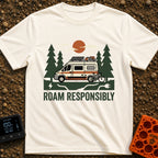 Roam and Recharge - T-Shirt in Ivory - An illustration of a camper van equipped with a roof-mounted solar panel, cargo...