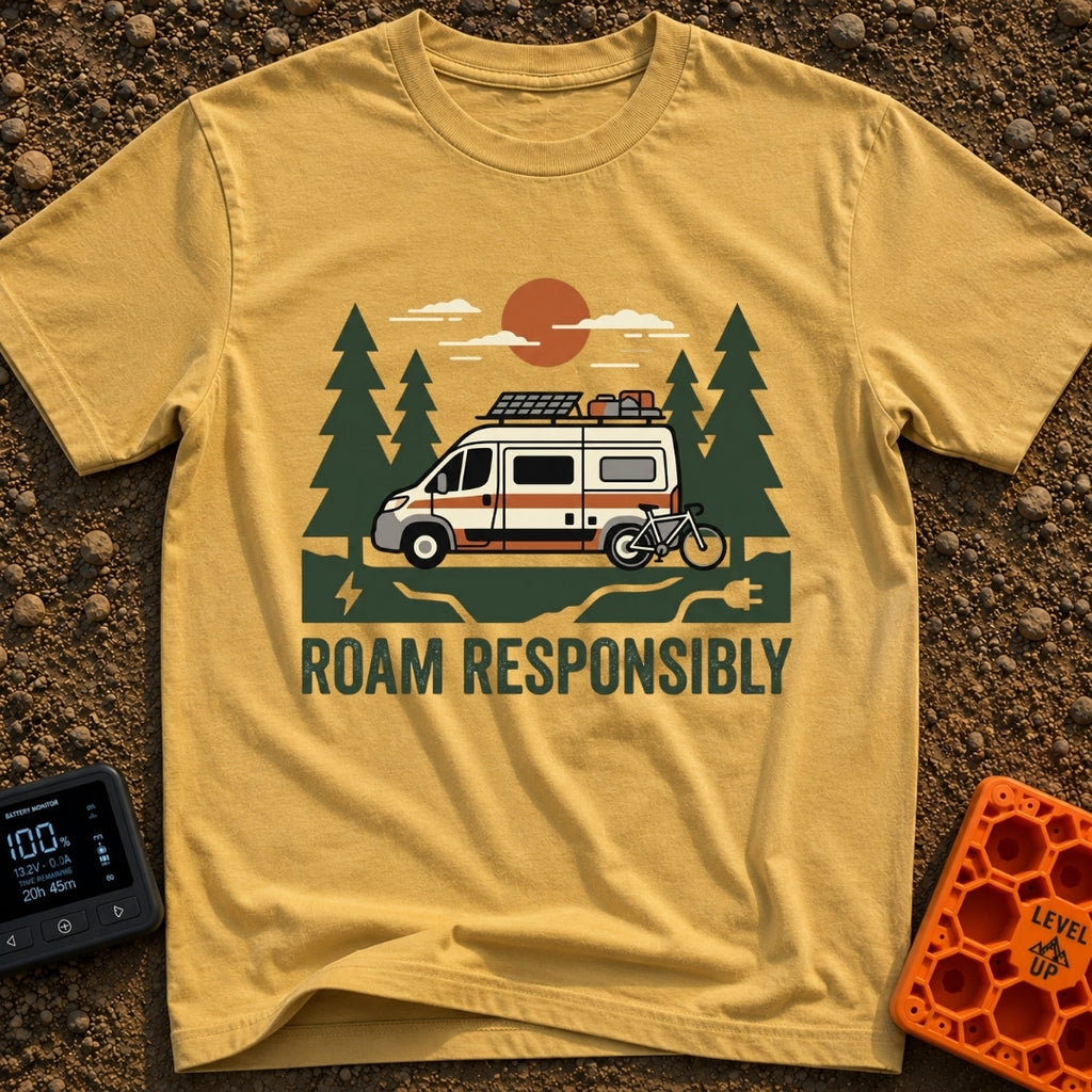 Roam and Recharge - T-Shirt in Mustard - An illustration of a camper van equipped with a roof-mounted solar panel, cargo...