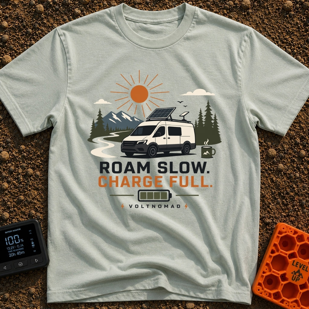 Slow Down Charge Up - T-Shirt in Bay - A white camper van with a tilted roof-mounted solar panel and satellite dish is...