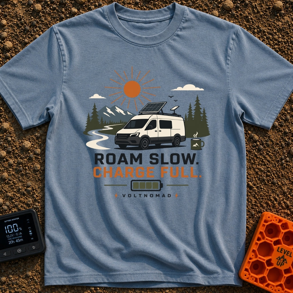Slow Down Charge Up - T-Shirt in Blue Jean - A white camper van with a tilted roof-mounted solar panel and satellite dish...