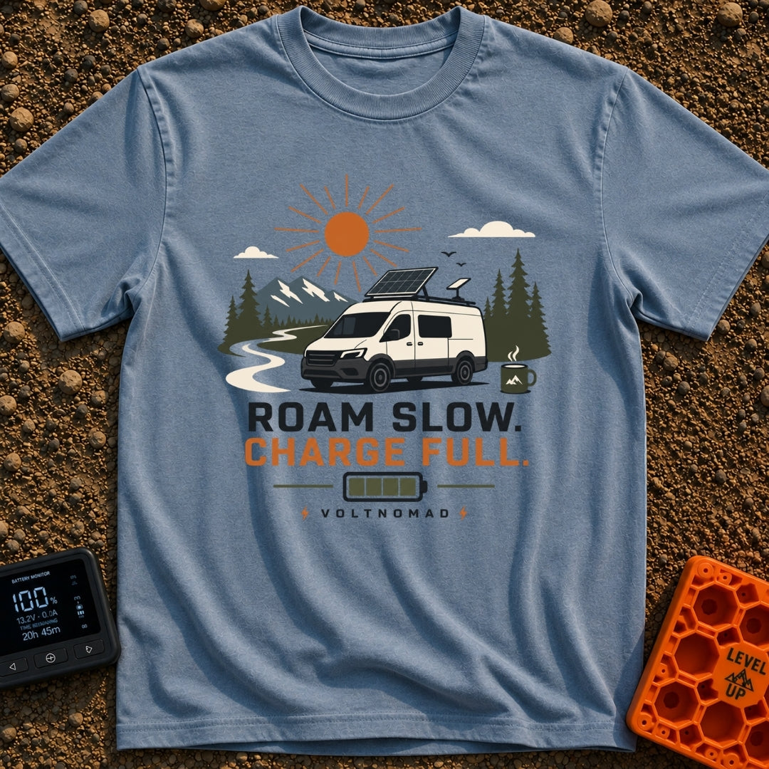 Slow Down Charge Up - T-Shirt in Blue Jean - A white camper van with a tilted roof-mounted solar panel and satellite dish...