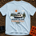 Slow Down Charge Up - T-Shirt in Chambray - A white camper van with a tilted roof-mounted solar panel and satellite dish...
