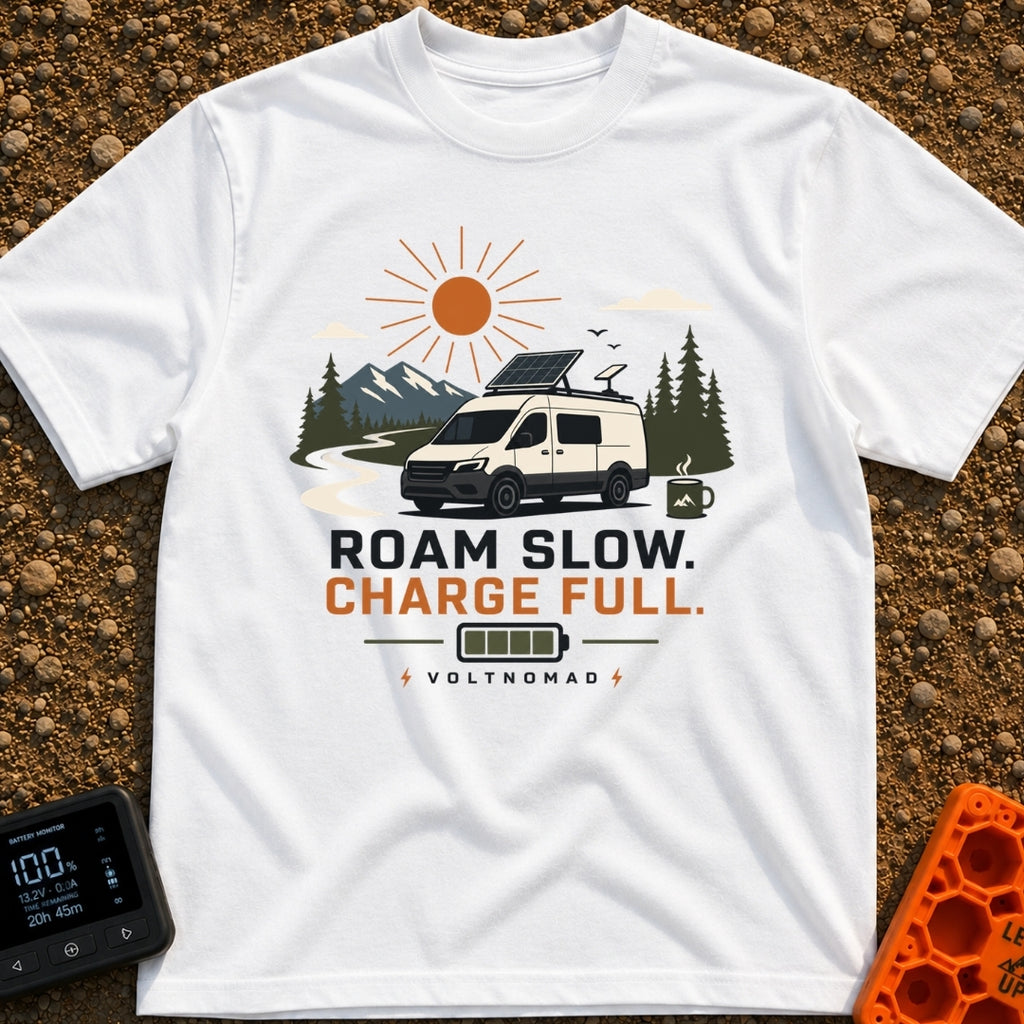 Slow Down Charge Up - T-Shirt in White - A white camper van with a tilted roof-mounted solar panel and satellite dish is...