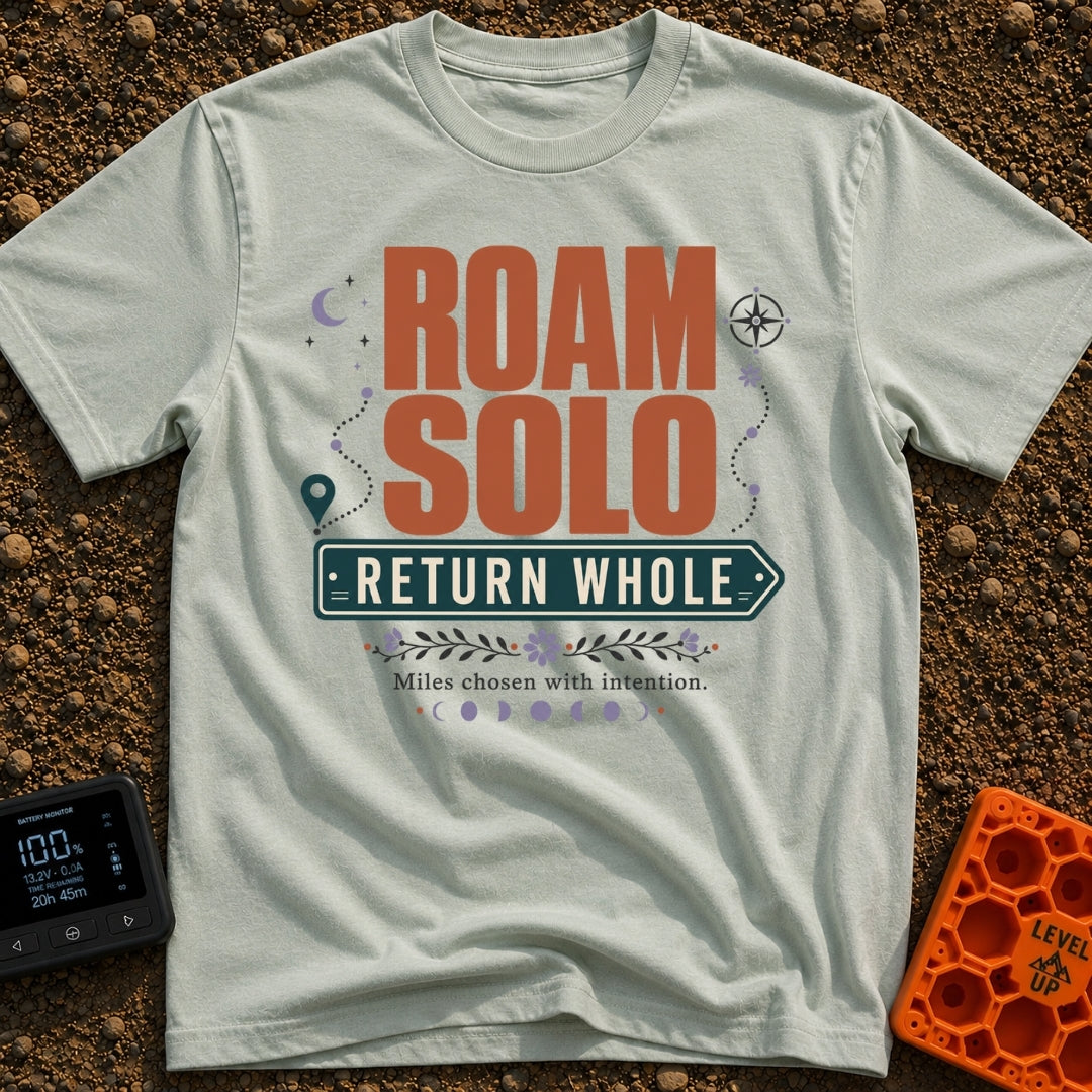 Roam Solo Return Whole - T-Shirt in Bay - The design features the large text "ROAM SOLO" above "RETURN WHOLE" framed...