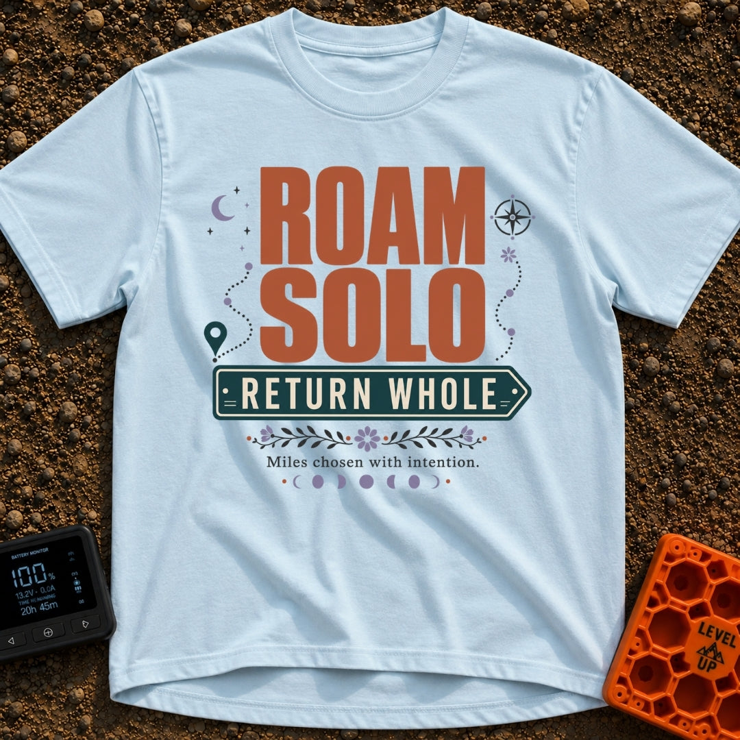 Roam Solo Return Whole - T-Shirt in Chambray - The design features the large text "ROAM SOLO" above "RETURN WHOLE" framed...