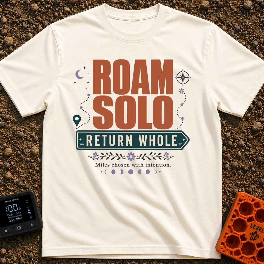 Roam Solo Return Whole - T-Shirt in Ivory - The design features the large text "ROAM SOLO" above "RETURN WHOLE" framed...