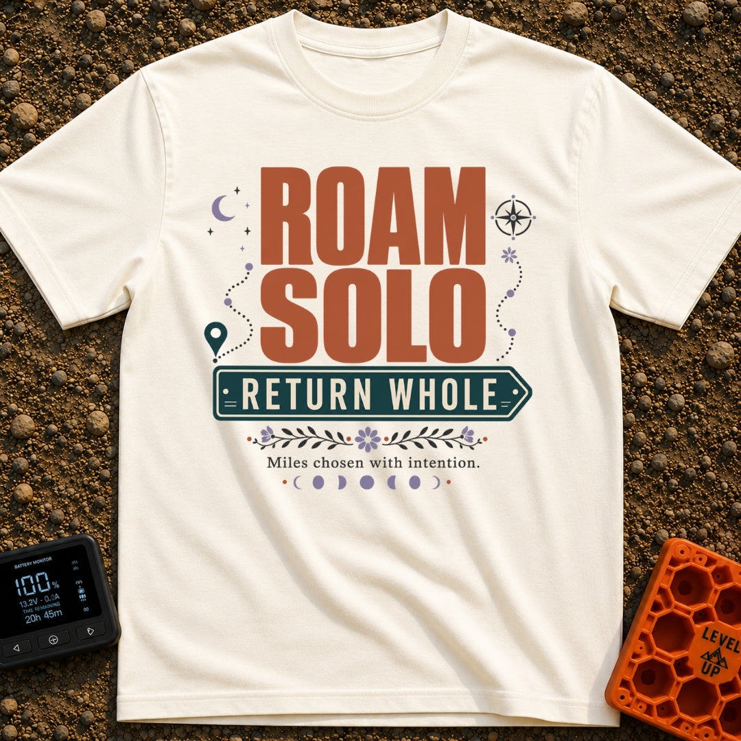 Roam Solo Return Whole - T-Shirt in Ivory - The design features the large text "ROAM SOLO" above "RETURN WHOLE" framed...