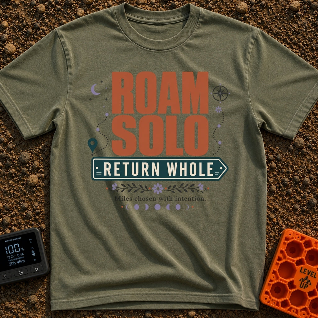 Roam Solo Return Whole - T-Shirt in Moss - The design features the large text "ROAM SOLO" above "RETURN WHOLE" framed...