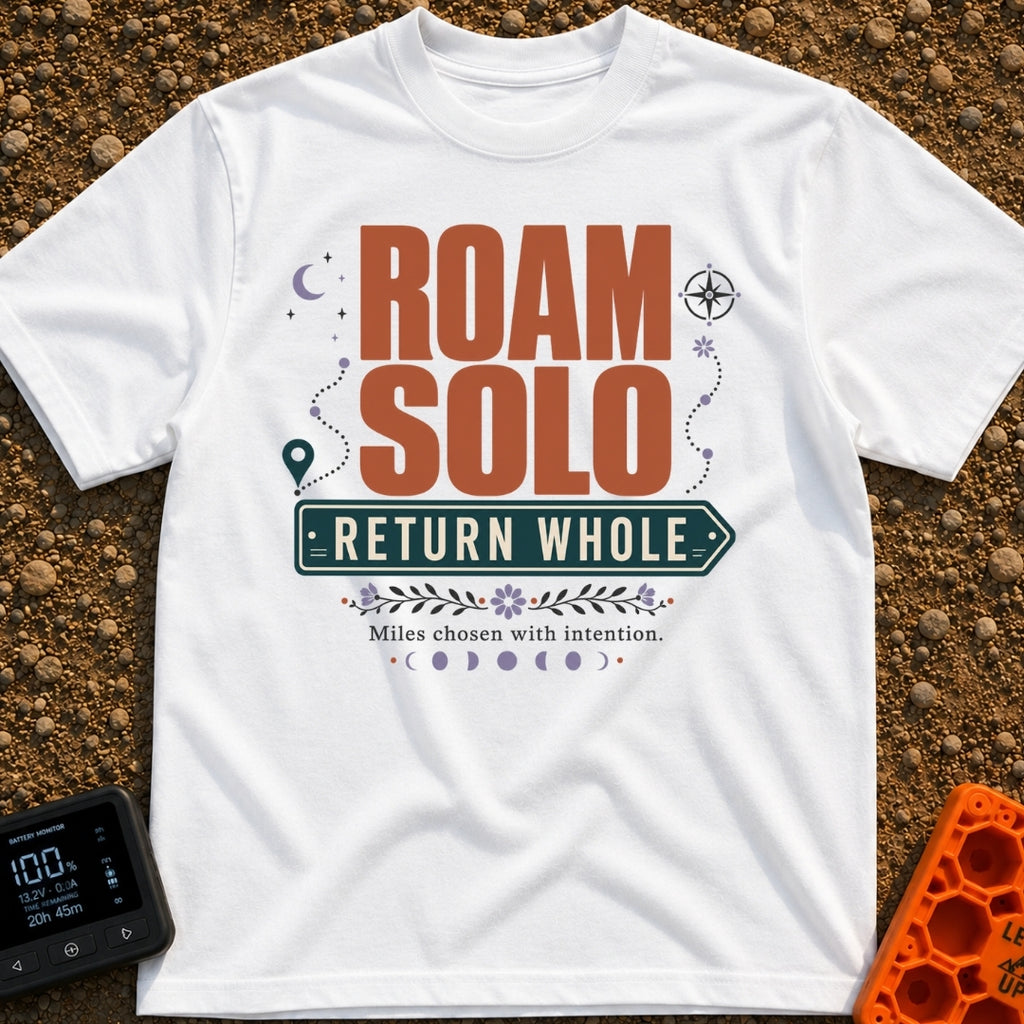 Roam Solo Return Whole - T-Shirt in White - The design features the large text "ROAM SOLO" above "RETURN WHOLE" framed...