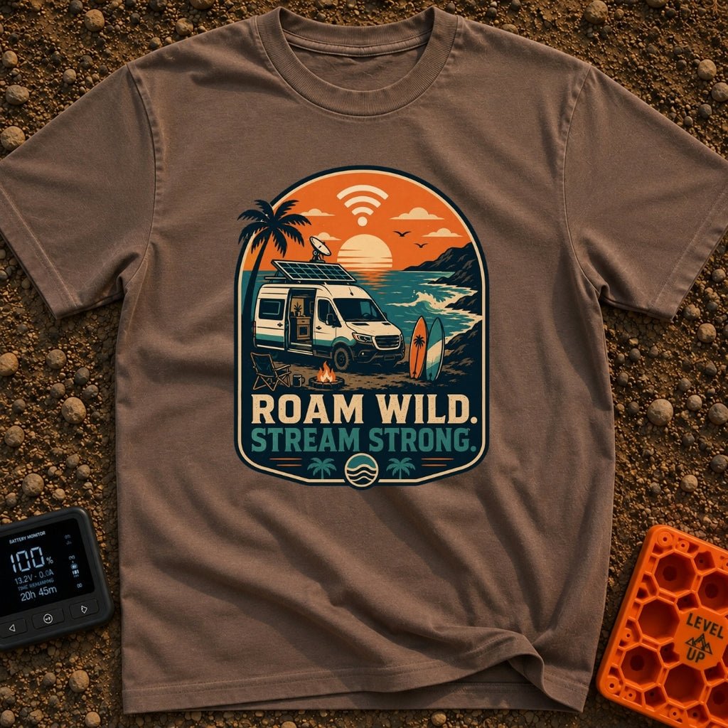 Off Grid Online - T-Shirt in Espresso - A graphic illustration of a camper van parked on a beach at sunset with a...