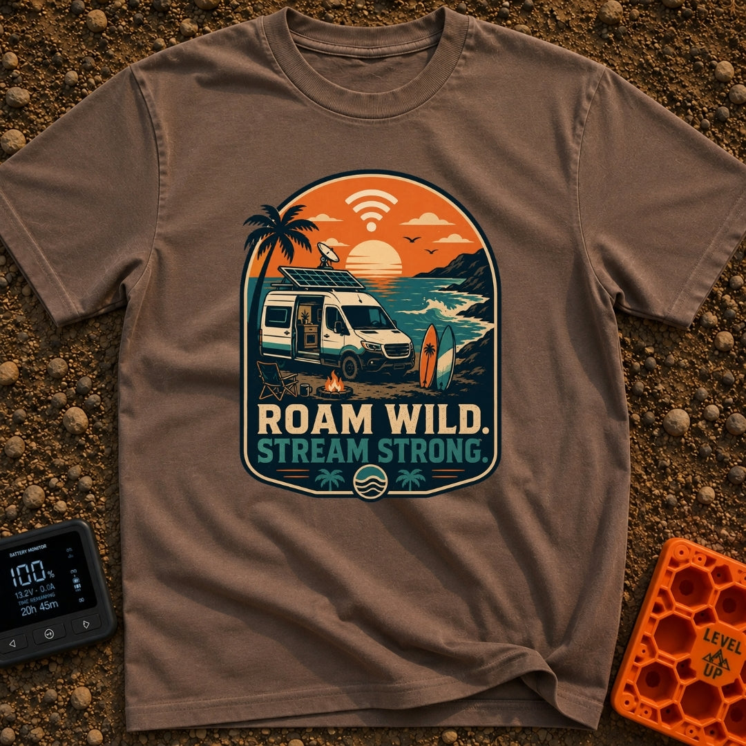 Off Grid Online - T-Shirt in Espresso - A graphic illustration of a camper van parked on a beach at sunset with a...