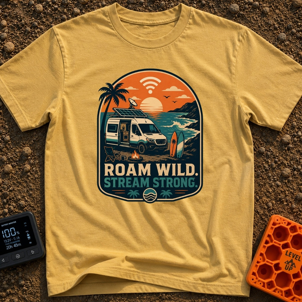 Off Grid Online - T-Shirt in Mustard - A graphic illustration of a camper van parked on a beach at sunset with a...