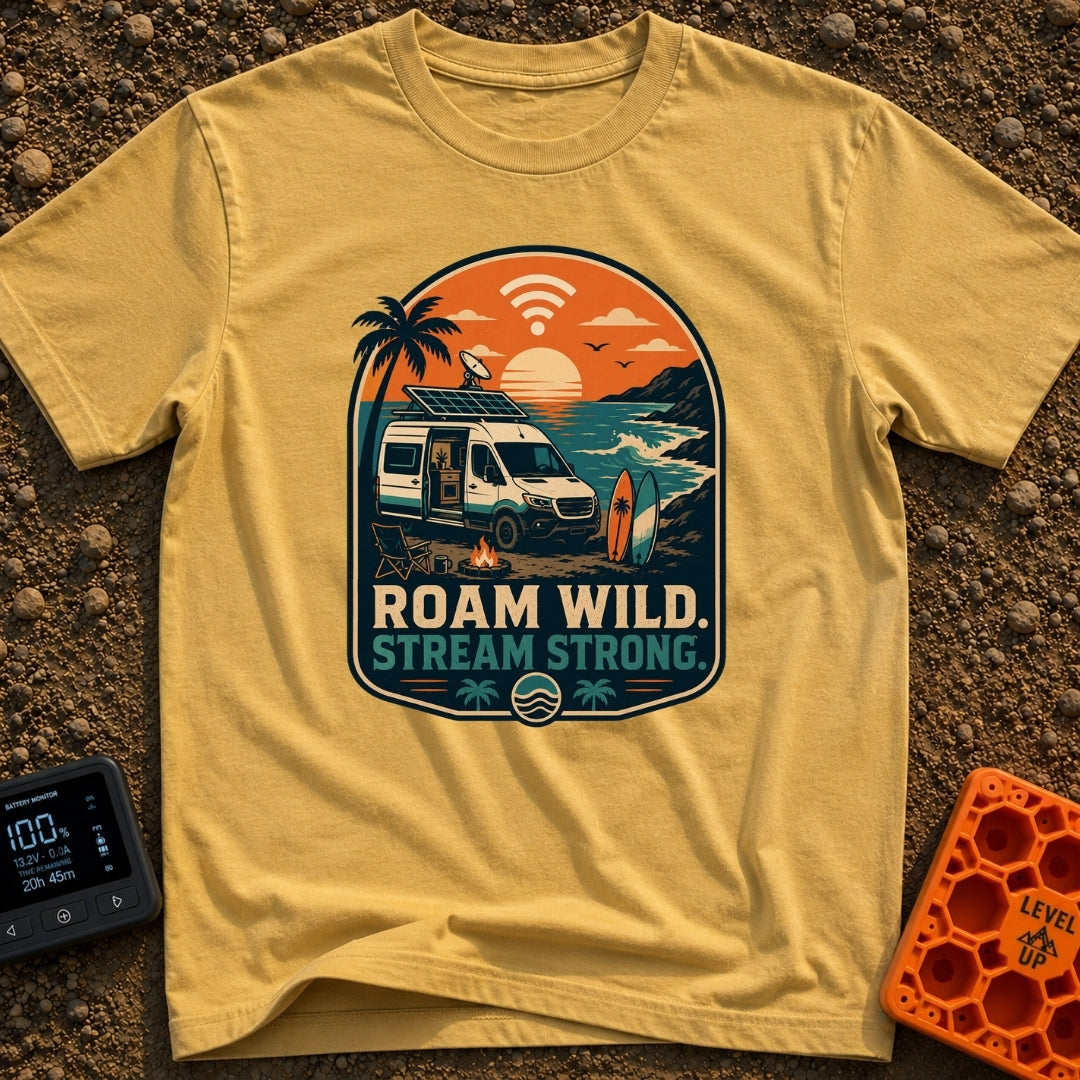 Off Grid Online - T-Shirt in Mustard - A graphic illustration of a camper van parked on a beach at sunset with a...