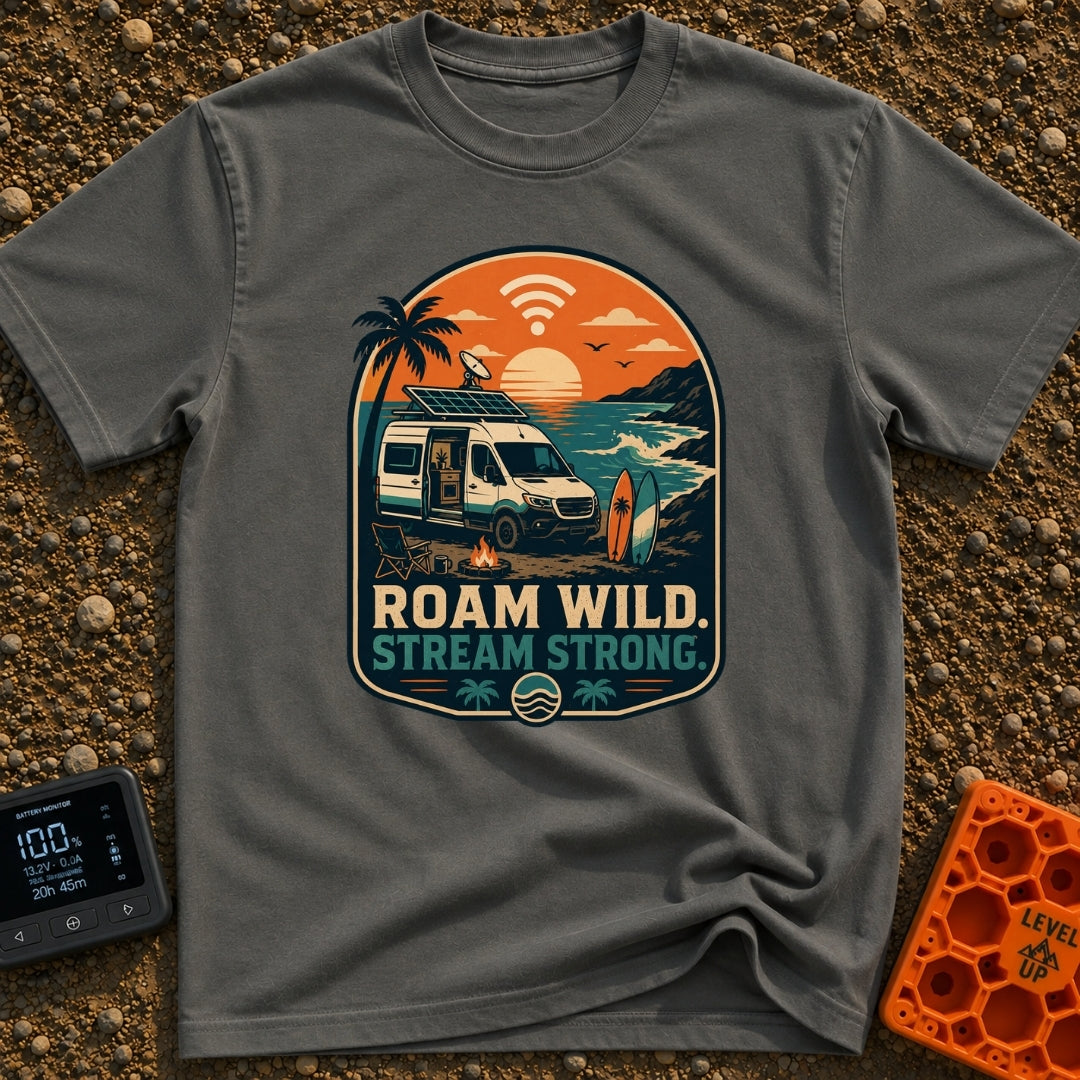 Off Grid Online - T-Shirt in Pepper - A graphic illustration of a camper van parked on a beach at sunset with a prominent...
