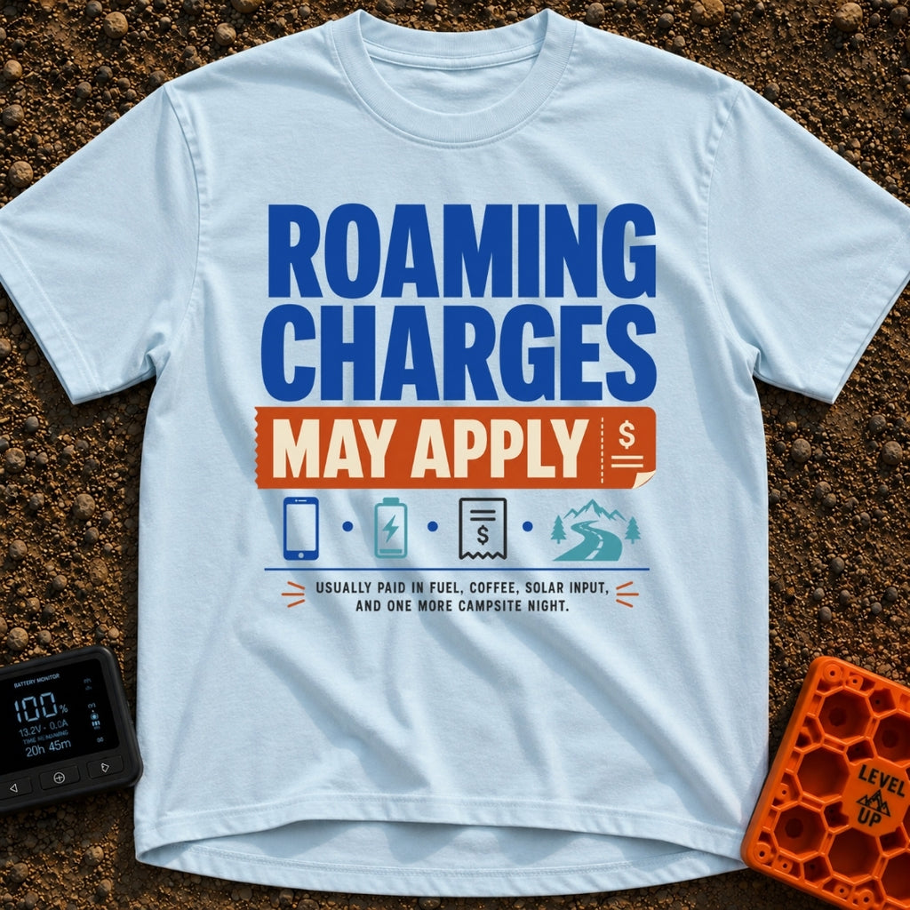 Roaming Charges Apply - T-Shirt in Chambray - The design features the text "ROAMING CHARGES MAY APPLY" with "MAY APPLY"...
