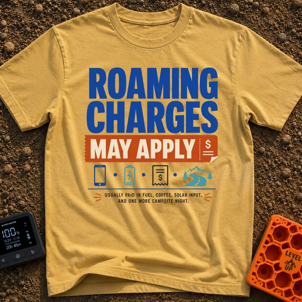 Roaming Charges Apply - T-Shirt in Mustard - The design features the text "ROAMING CHARGES MAY APPLY" with "MAY APPLY"...