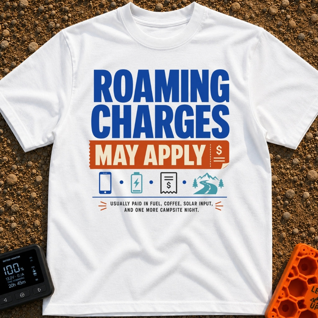 Roaming Charges Apply - T-Shirt in White - The design features the text "ROAMING CHARGES MAY APPLY" with "MAY APPLY" set...