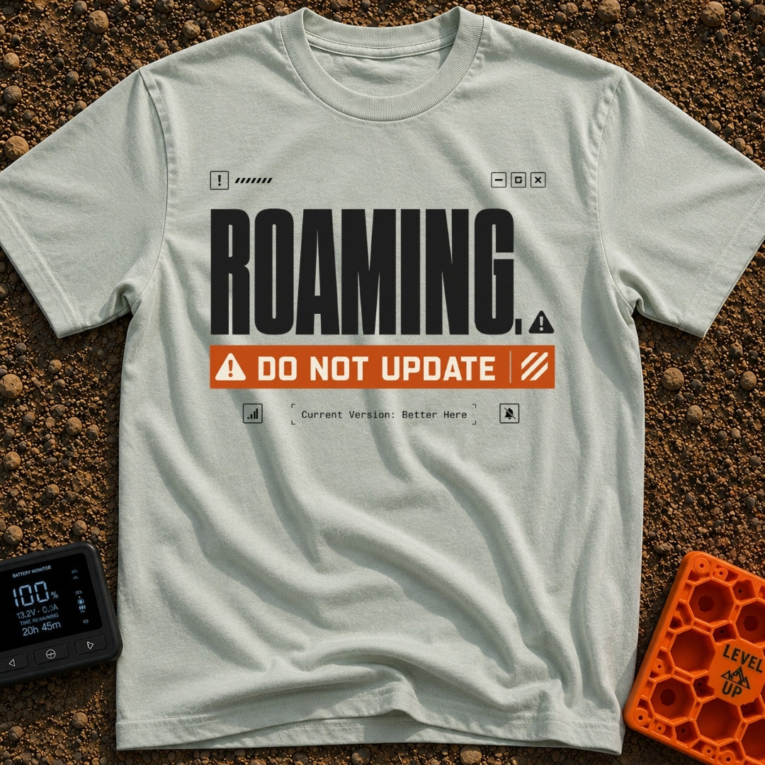 Roaming Alert Mode - T-Shirt in Bay - A graphic designed to look like a computer system alert, featuring large black text...