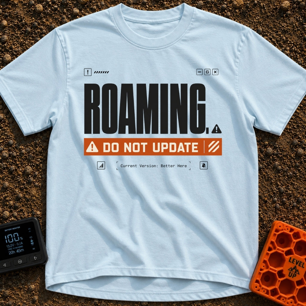 Roaming Alert Mode - T-Shirt in Chambray - A graphic designed to look like a computer system alert, featuring large black...