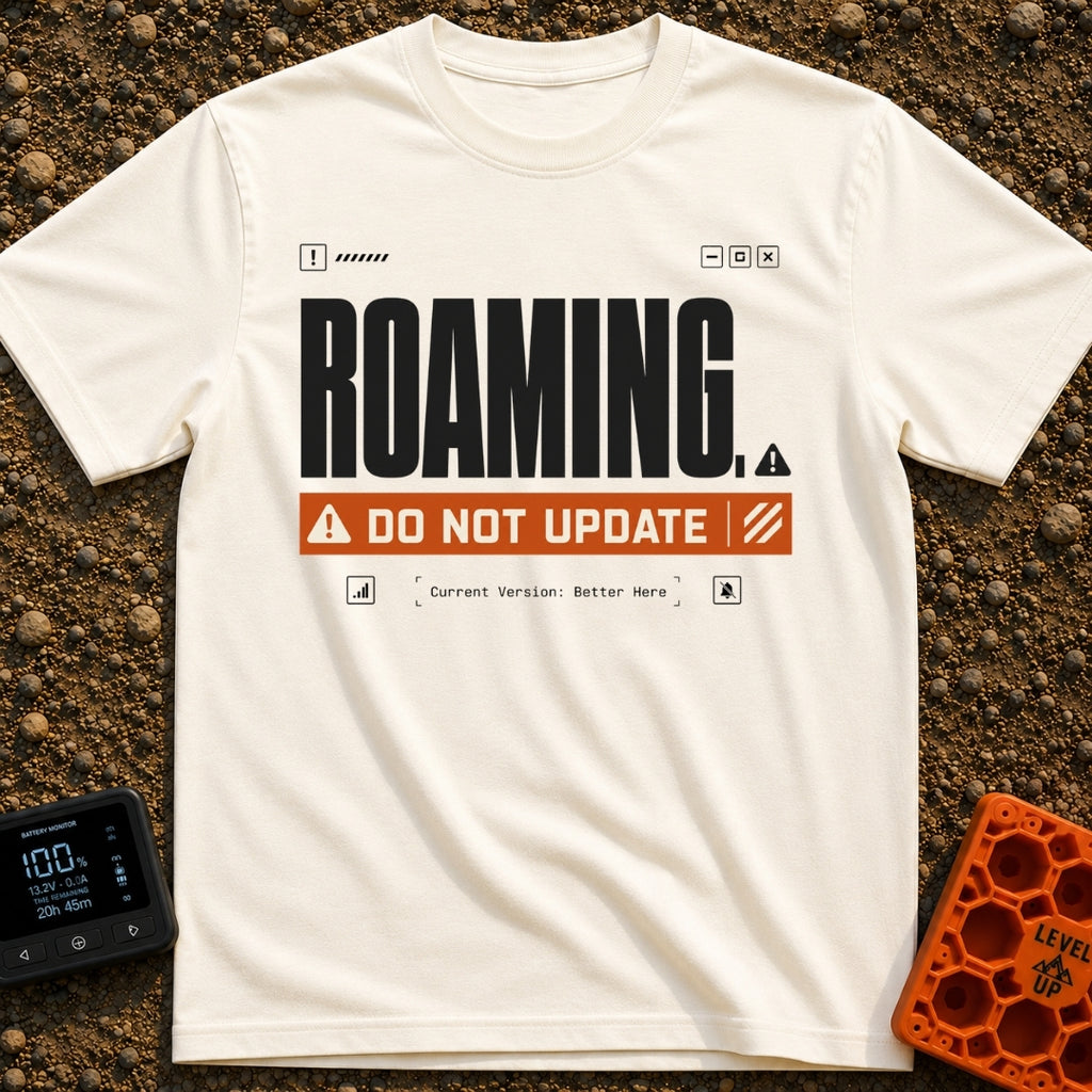 Roaming Alert Mode - T-Shirt in Ivory - A graphic designed to look like a computer system alert, featuring large black...
