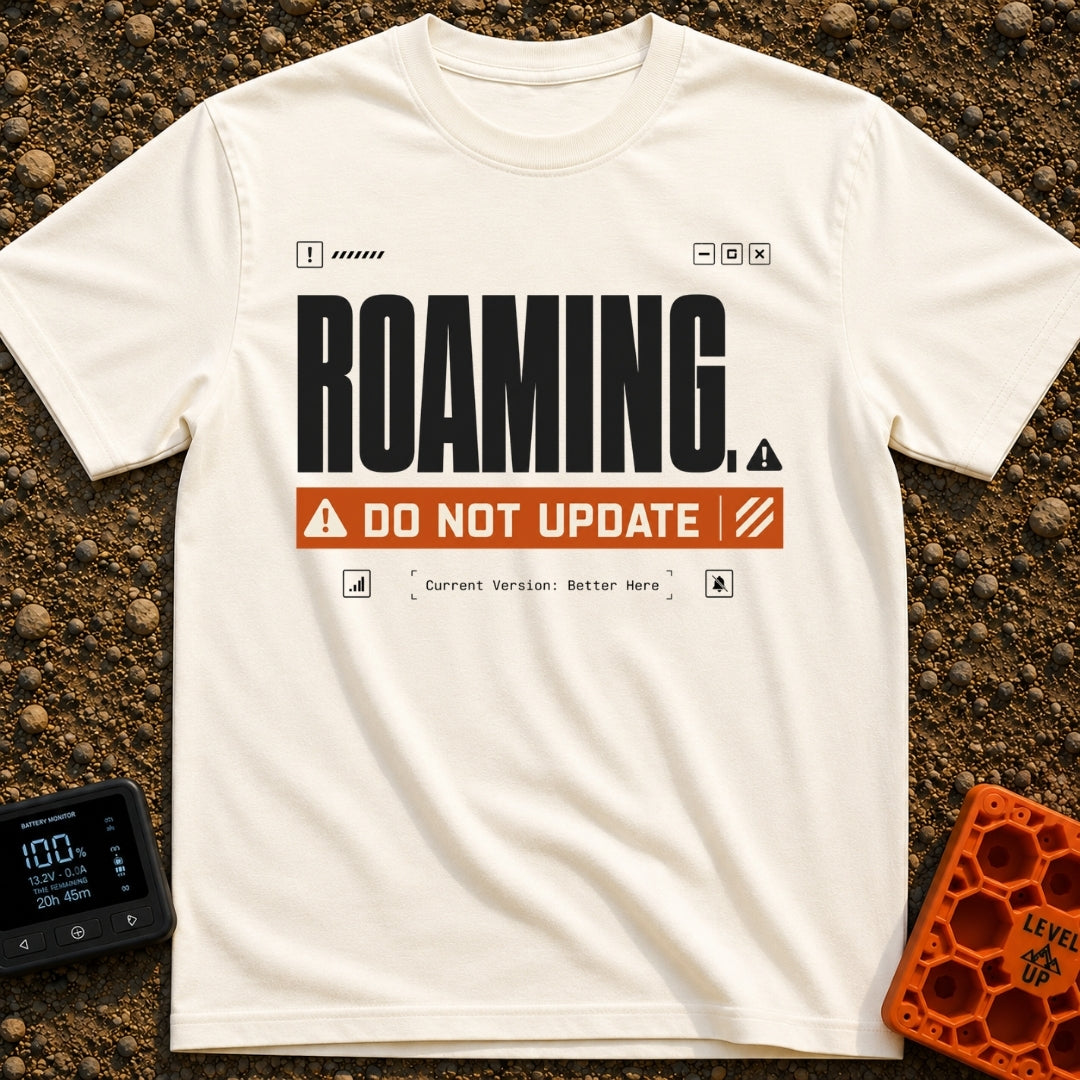 Roaming Alert Mode - T-Shirt in Ivory - A graphic designed to look like a computer system alert, featuring large black...