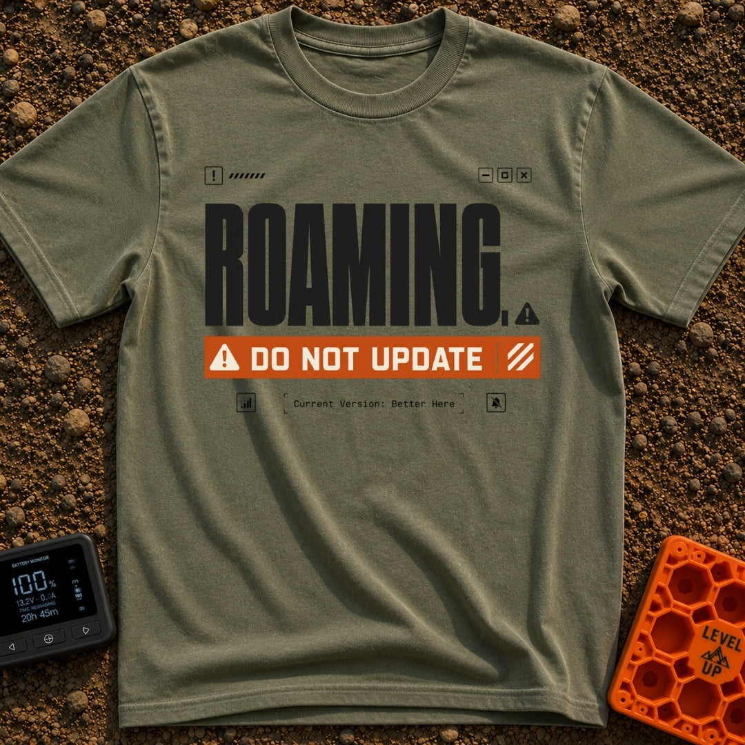 Roaming Alert Mode - T-Shirt in Moss - A graphic designed to look like a computer system alert, featuring large black...