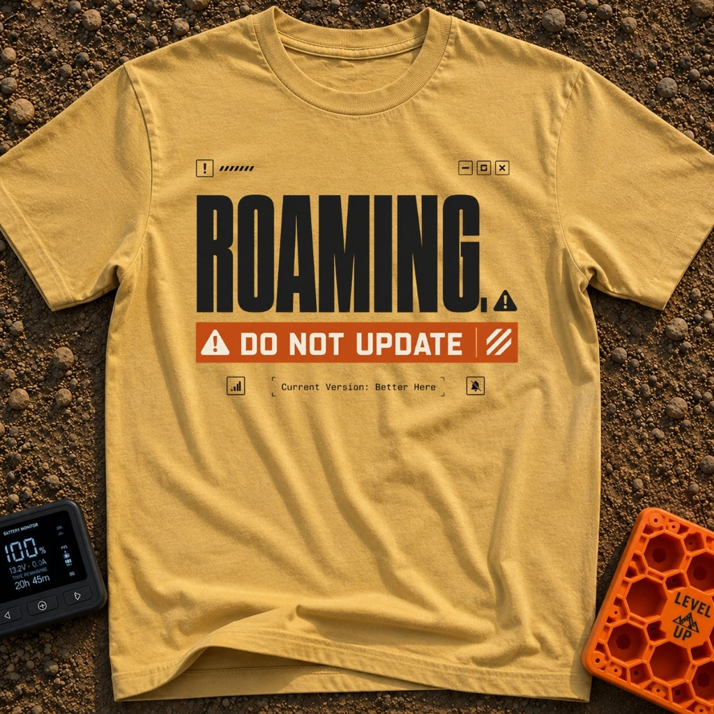 Roaming Alert Mode - T-Shirt in Mustard - A graphic designed to look like a computer system alert, featuring large black...