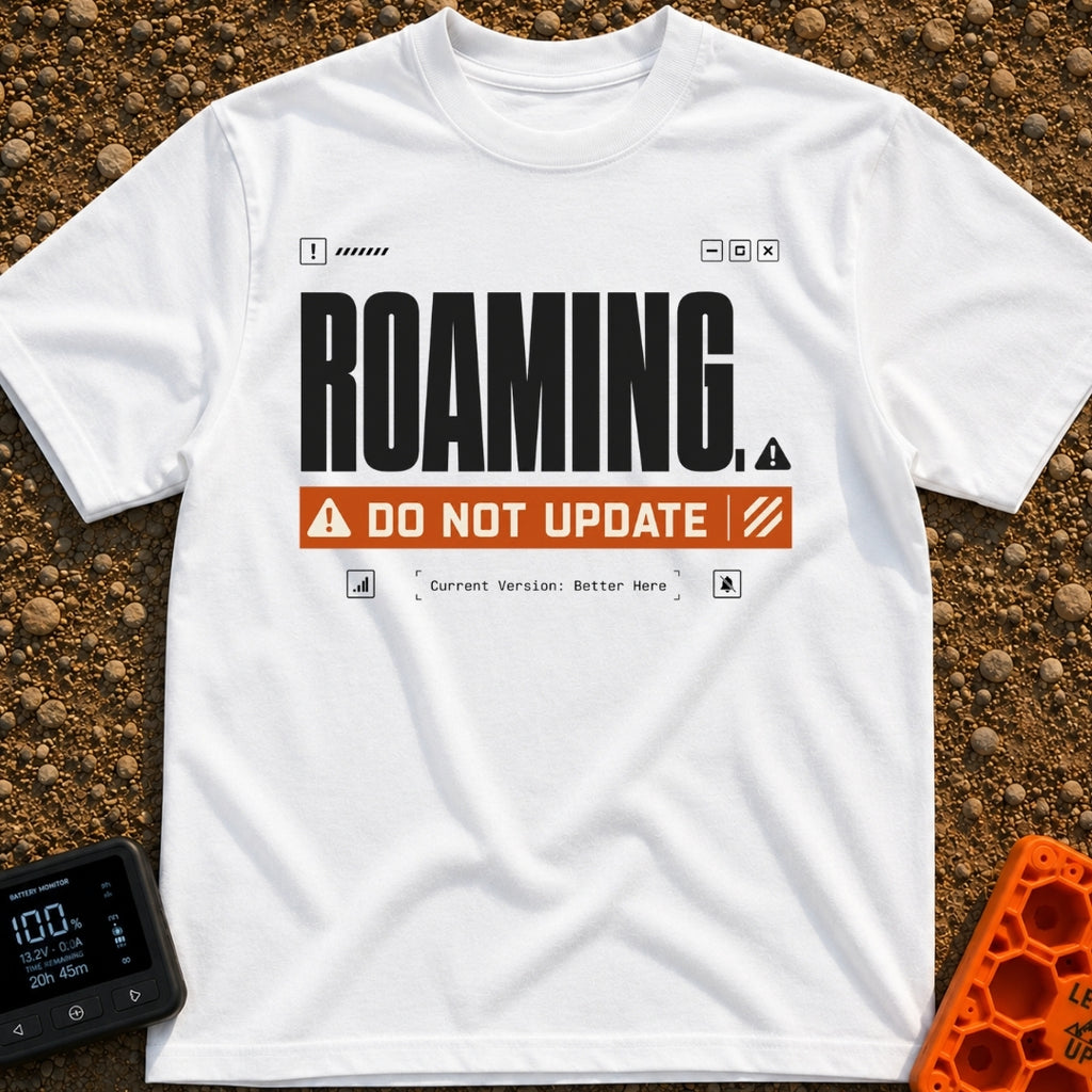 Roaming Alert Mode - T-Shirt in White - A graphic designed to look like a computer system alert, featuring large black...