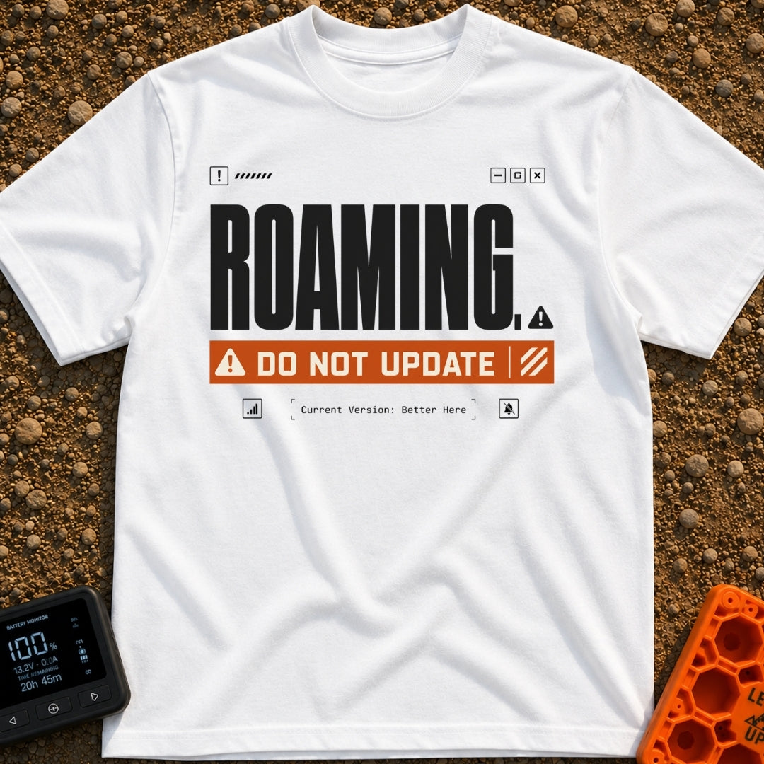 Roaming Alert Mode - T-Shirt in White - A graphic designed to look like a computer system alert, featuring large black...
